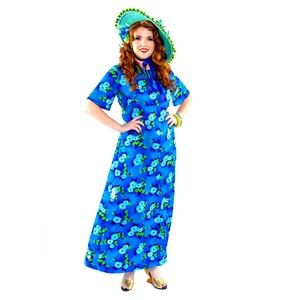 Vintage 1960s Blue Floral Polynesian Dress. Size Medium.